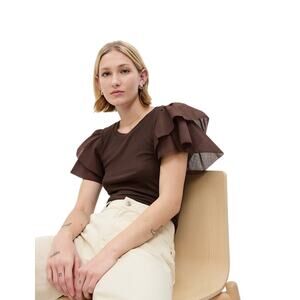 Gap short sleeve T-Shirt Ribbed Tee Brown Womens XXL Ruffle flutter Stretch